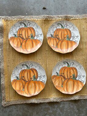 Fall Plates Set of 4 Pumpkin Dinner Plates • Scalloped Ceramic Fall Thanksgiving